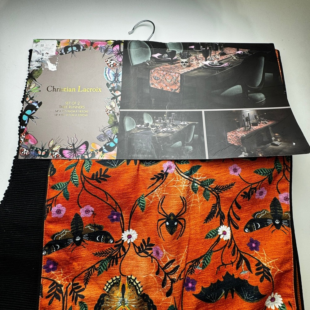 Christian Lacroix Set of 2 Halloween Table Runners Orange Gothic Bat Spider Moth